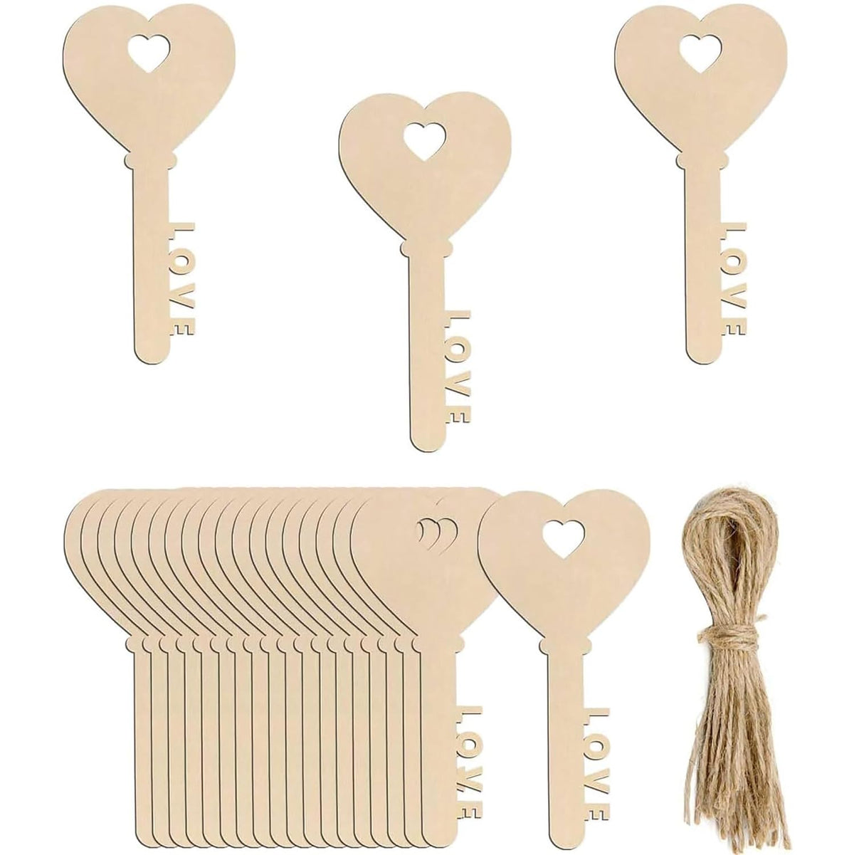 Set of wooden key-shaped tags with 'LOVE' text, a bundle of twine, and a cardboard holder on a white background.