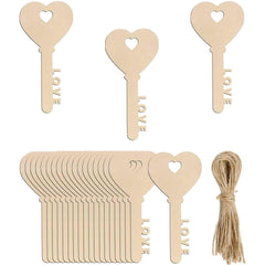 Set of wooden key-shaped tags with 'LOVE' text, a bundle of twine, and a cardboard holder on a white background.