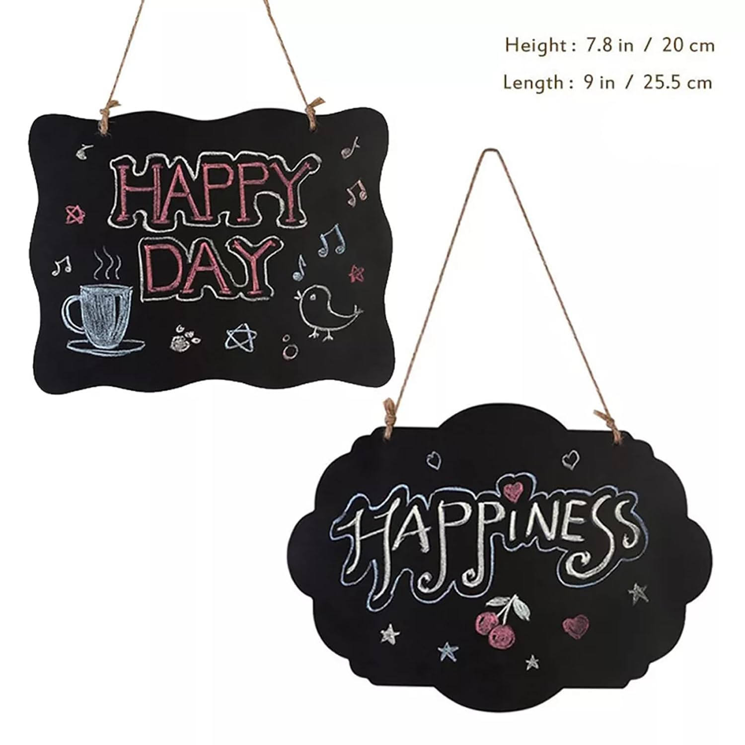 Two black hanging signs with chalk-like text and designs on a white background.