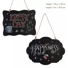 Two black hanging signs with chalk-like text and designs on a white background.