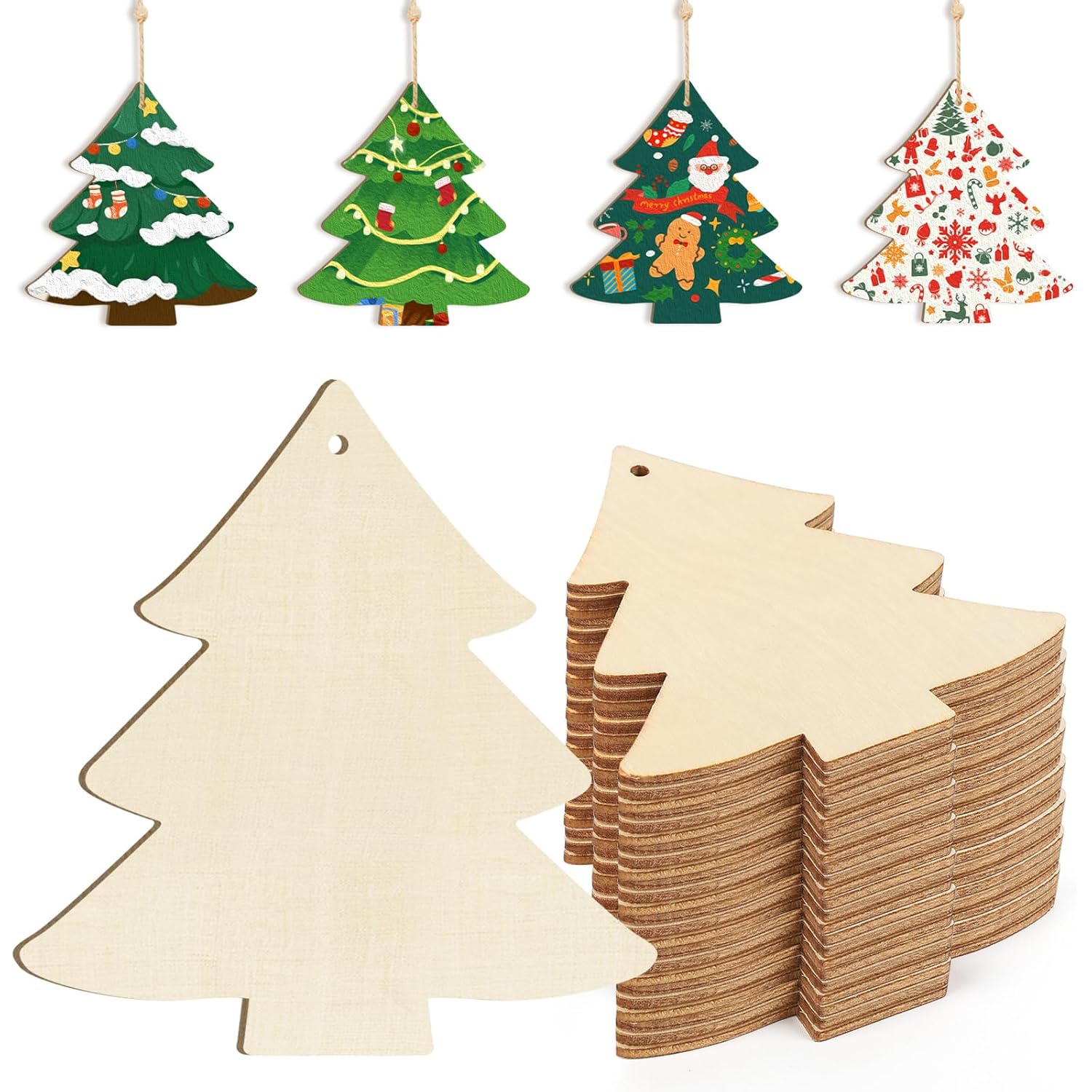 Wooden Christmas tree shapes with pre-cut holes, a stack of plain wooden trees, and decorated trees on a white background.