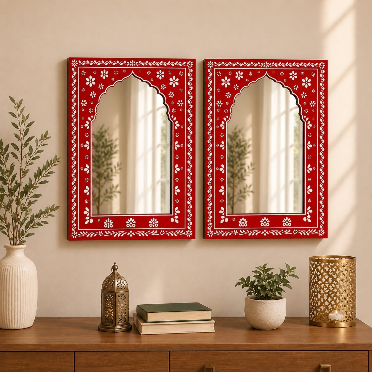 red jharokha acrylic mirror wall hanging