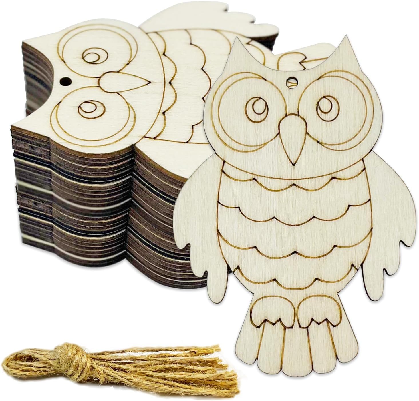 Wooden owl ornaments with tassels on a white background