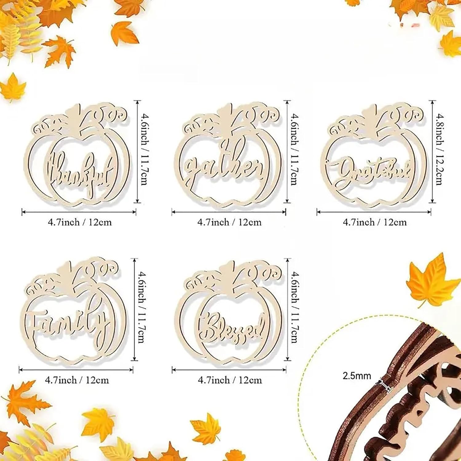 Set of wooden pumpkin-shaped decorations with engraved words and measurements, surrounded by autumn leaves.