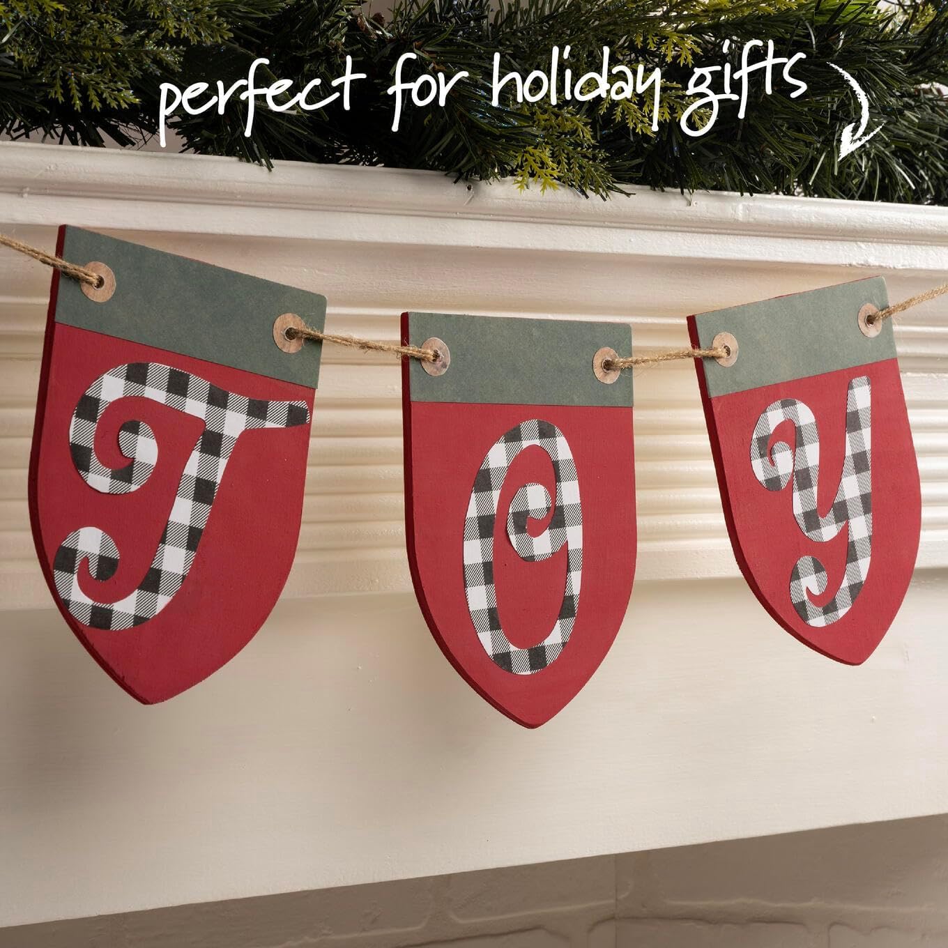 Decorative banner with 'Joy' text on a Christmas-themed background