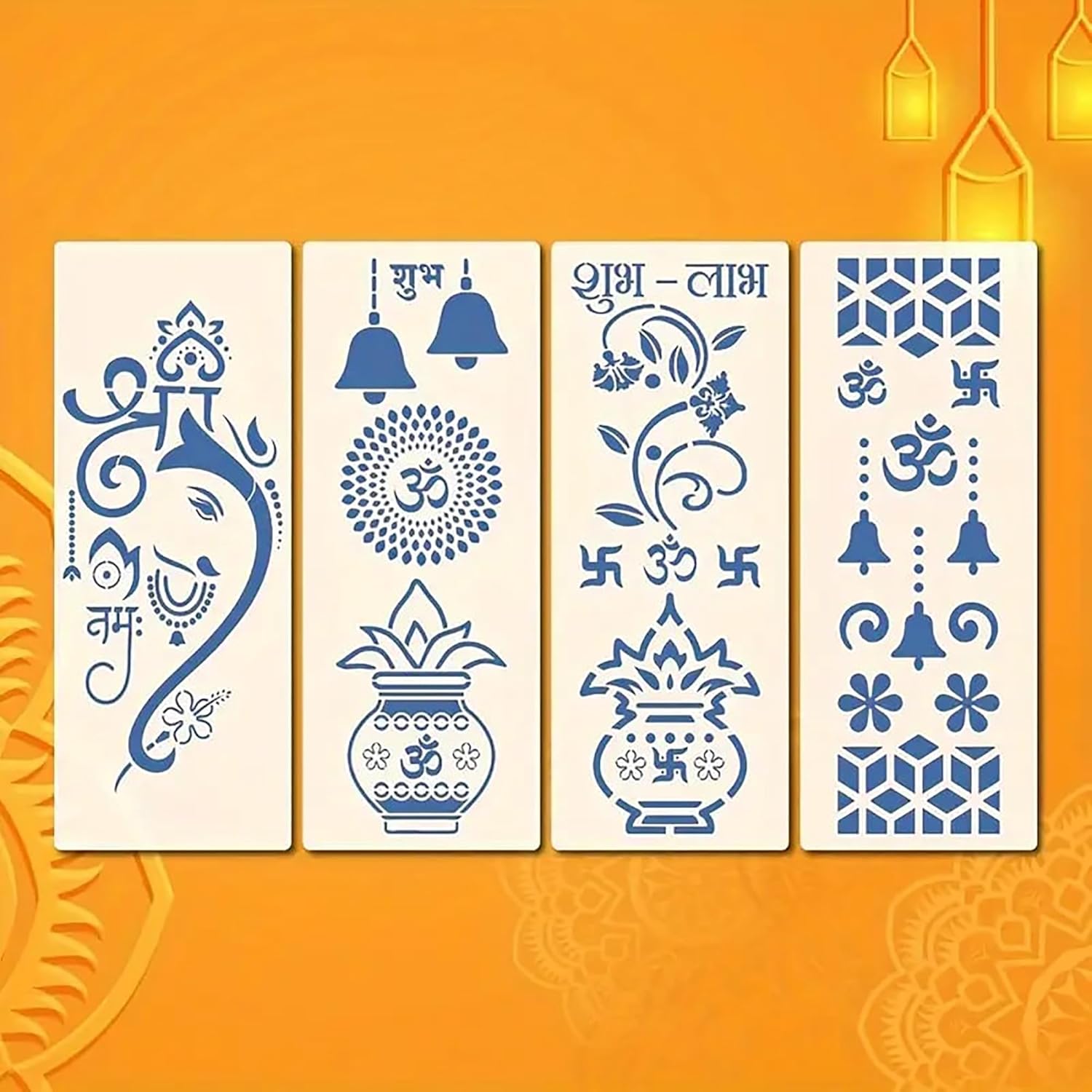 Set of four decorative stencils with blue designs on a white background against an orange wall.