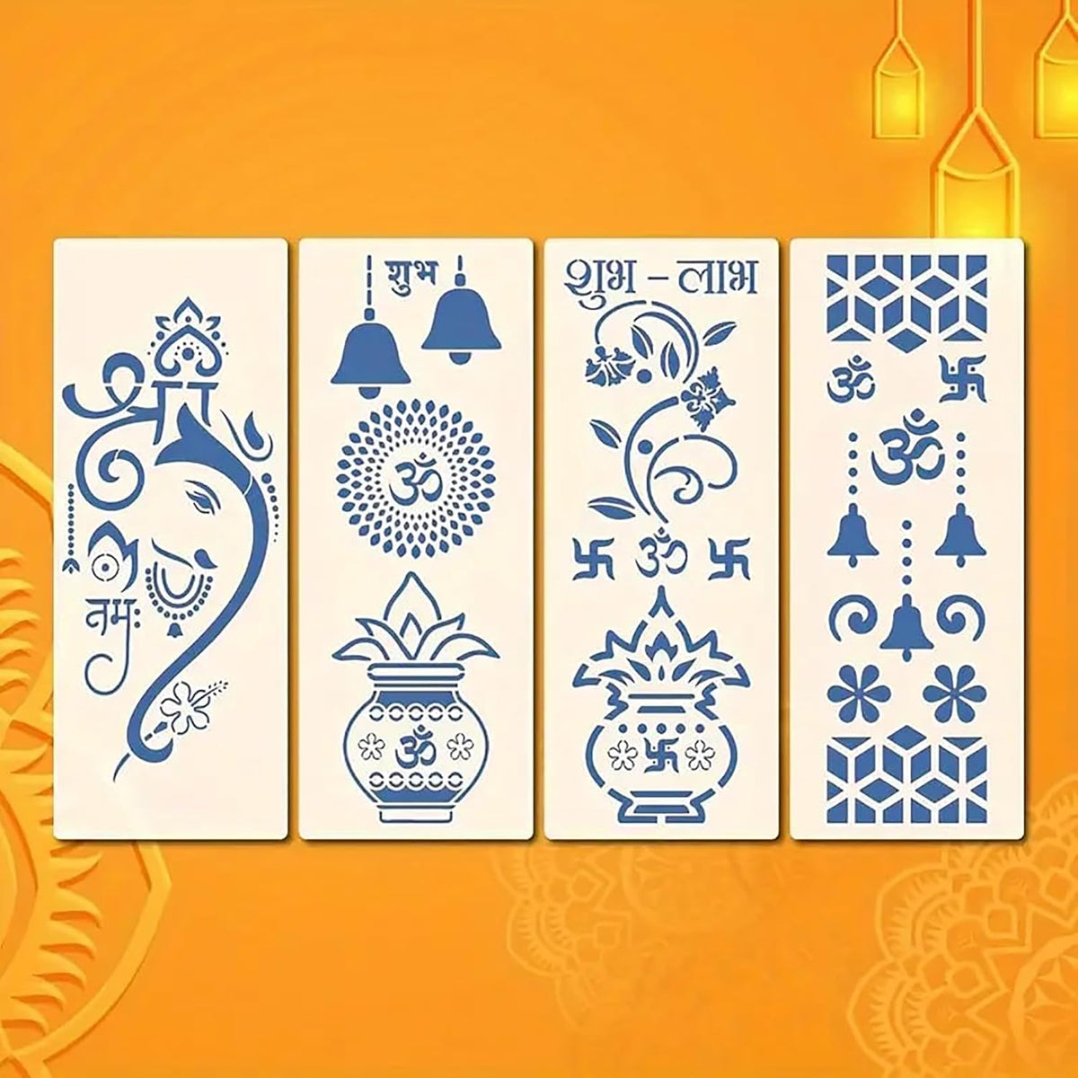 Set of four decorative stencils with blue designs on a white background against an orange wall.