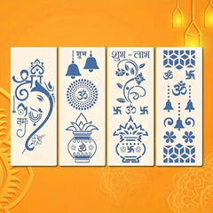 Set of four decorative stencils with blue designs on a white background against an orange wall.