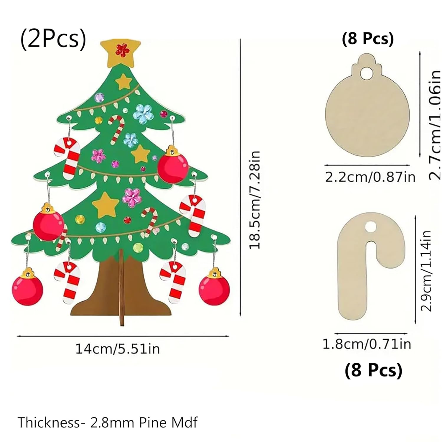 Christmas tree decoration set with measurements on a white background