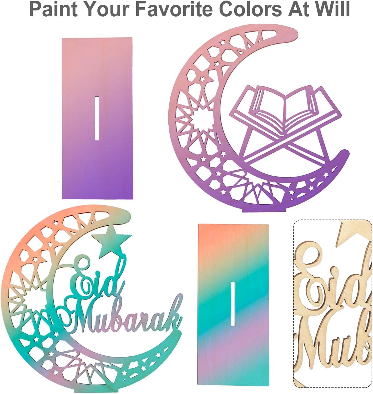 Decorative metal stencils with 'Eid Mubarak' text and crescent moon design on a white background.