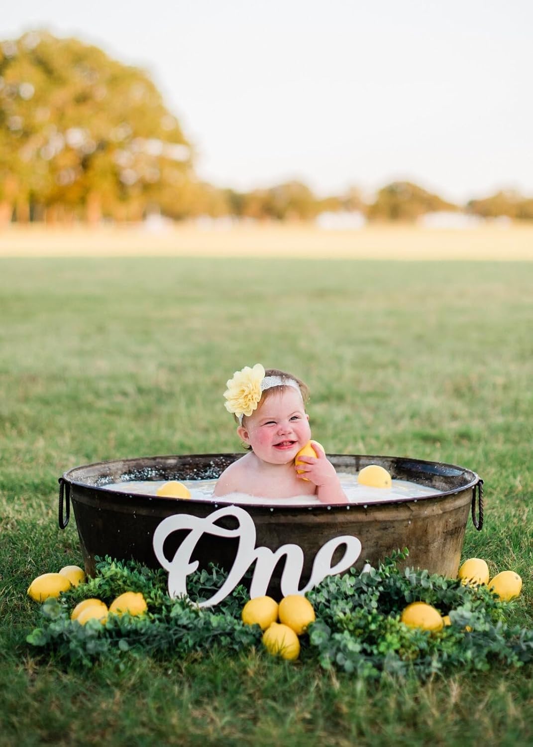 Baby in a bathtub with lemons and 'One' sign outdoors