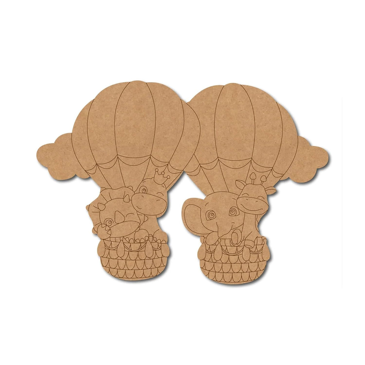 Cardboard cutout of a hot air balloon with a teddy bear inside on a white background