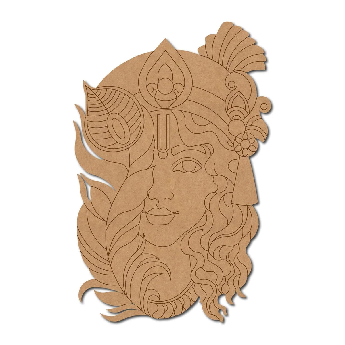 Cardboard cutout of a decorative face design with intricate patterns on a white background