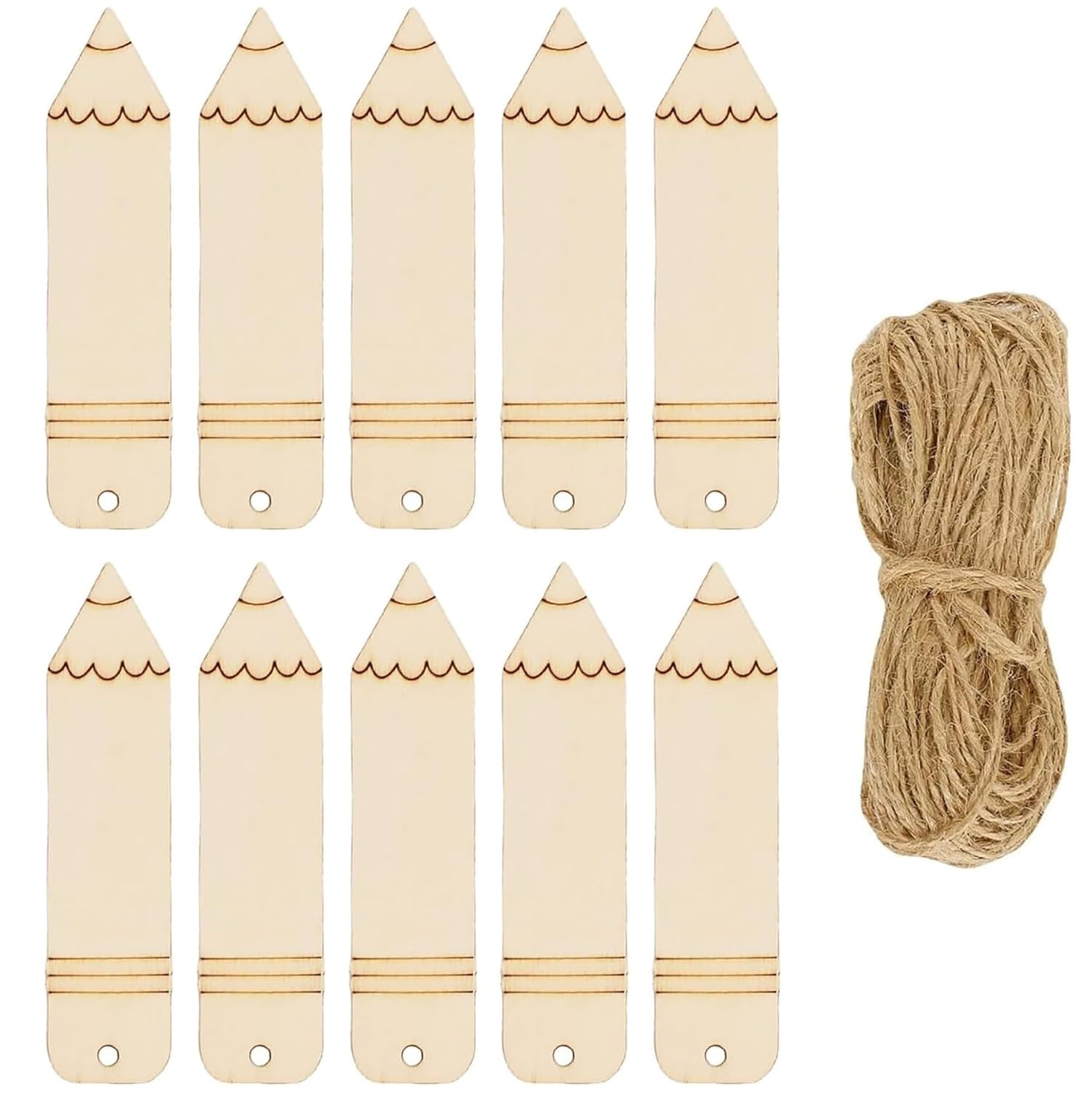 Set of wooden pencil-shaped items with string on a white background
