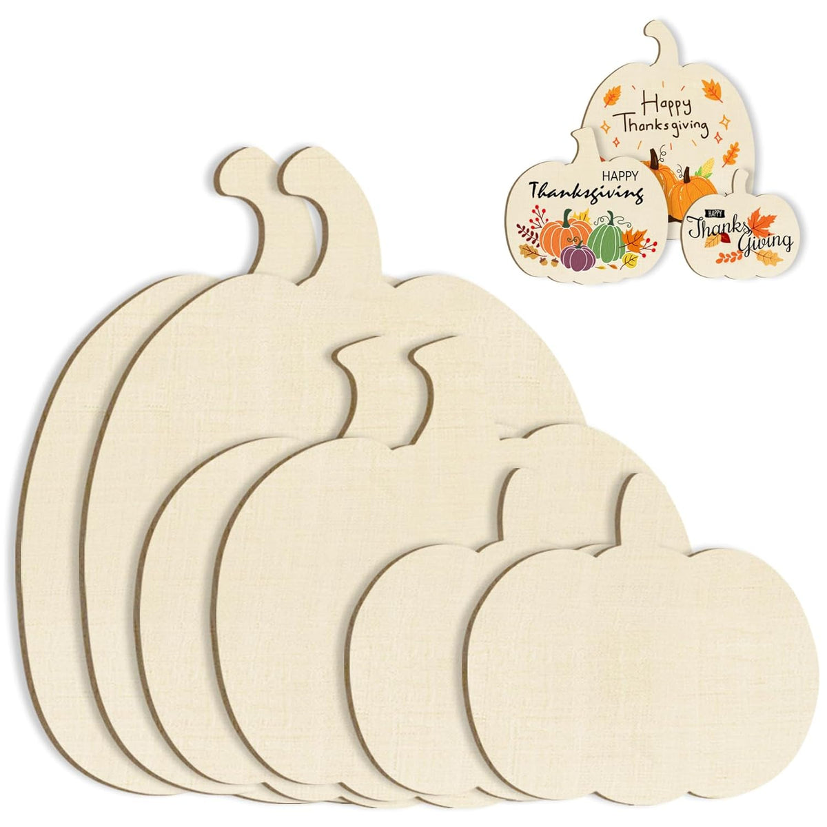 Set of wooden pumpkin-shaped cutting boards with 'Happy Thanksgiving' tags on a white background