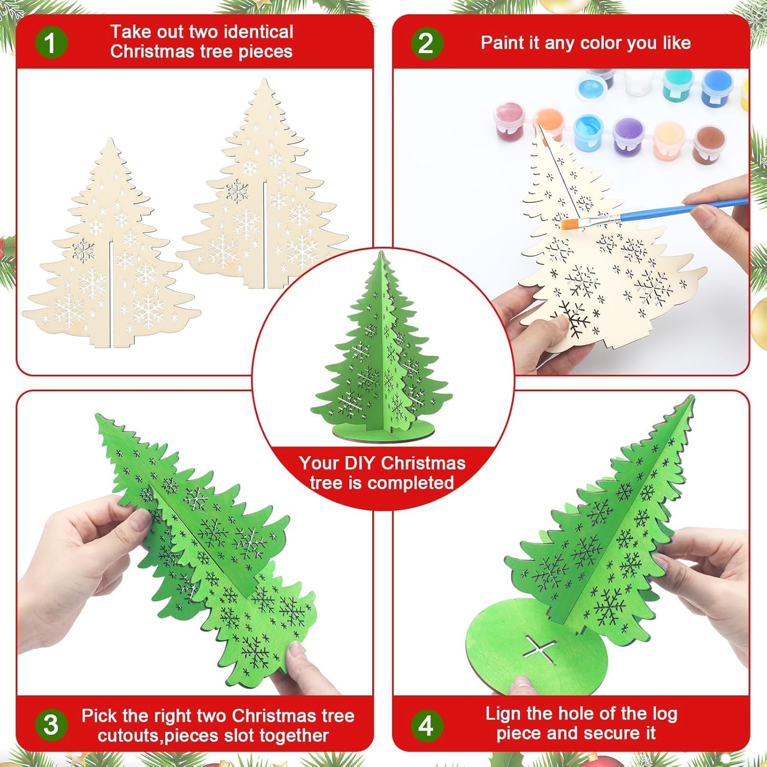 Step-by-step guide to creating a DIY Christmas tree with cutouts and paint.