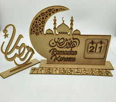 Wooden Ramadan decorative item with crescent moon, mosque silhouette, and 'Ramadan Kareem' text on a white background.