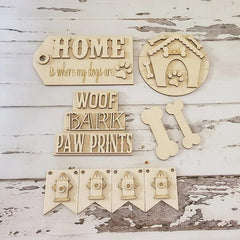 Set of wooden pet-themed decorations on a rustic wooden background