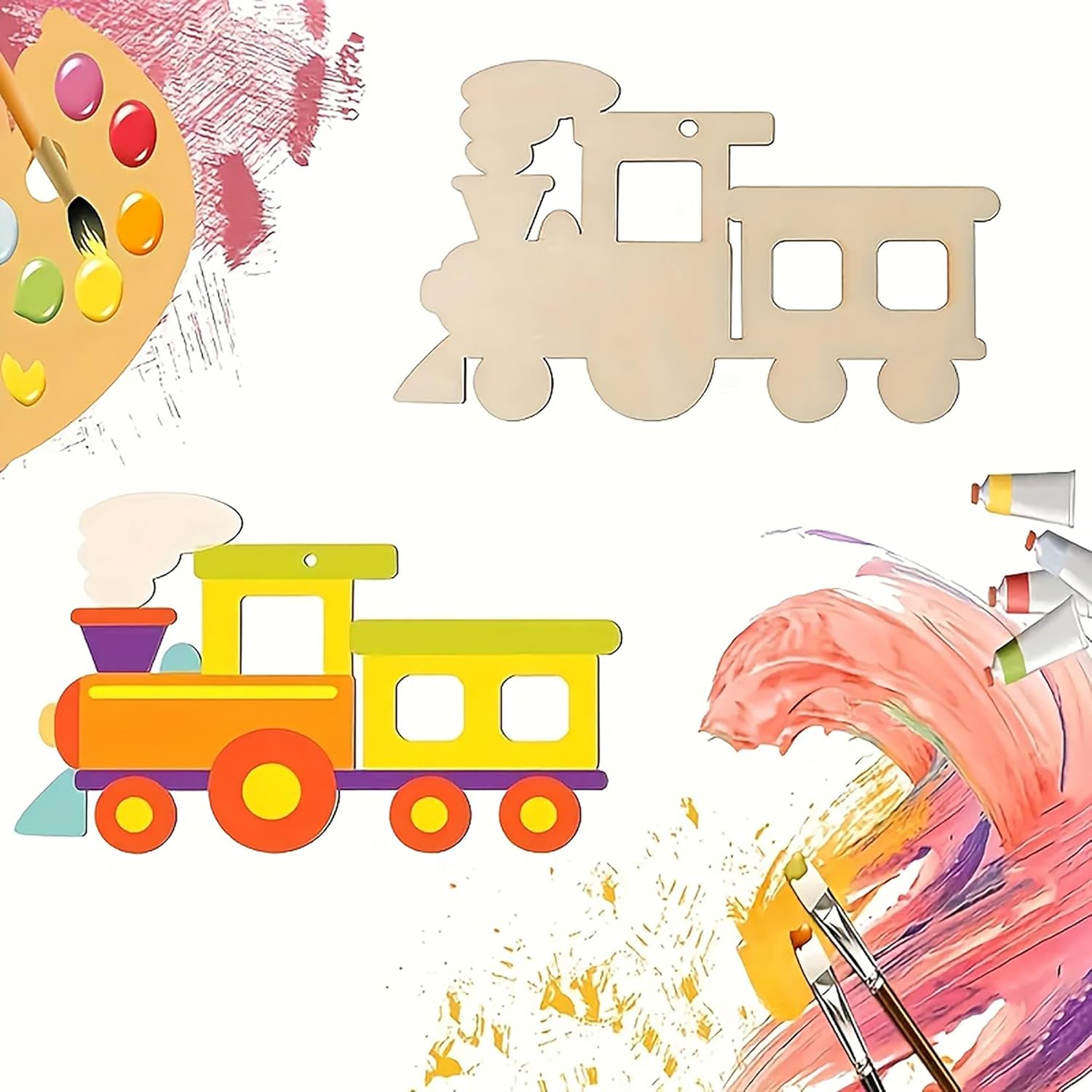 Colorful wooden train toy with paint palette and brushes on a white background