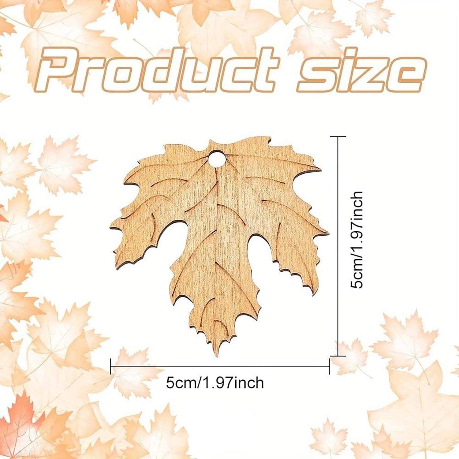 Wooden leaf-shaped product with measurements on a leaf patterned background