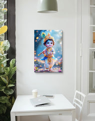 Canvas print of a colorful depiction of a deity on a wall above a white desk.
