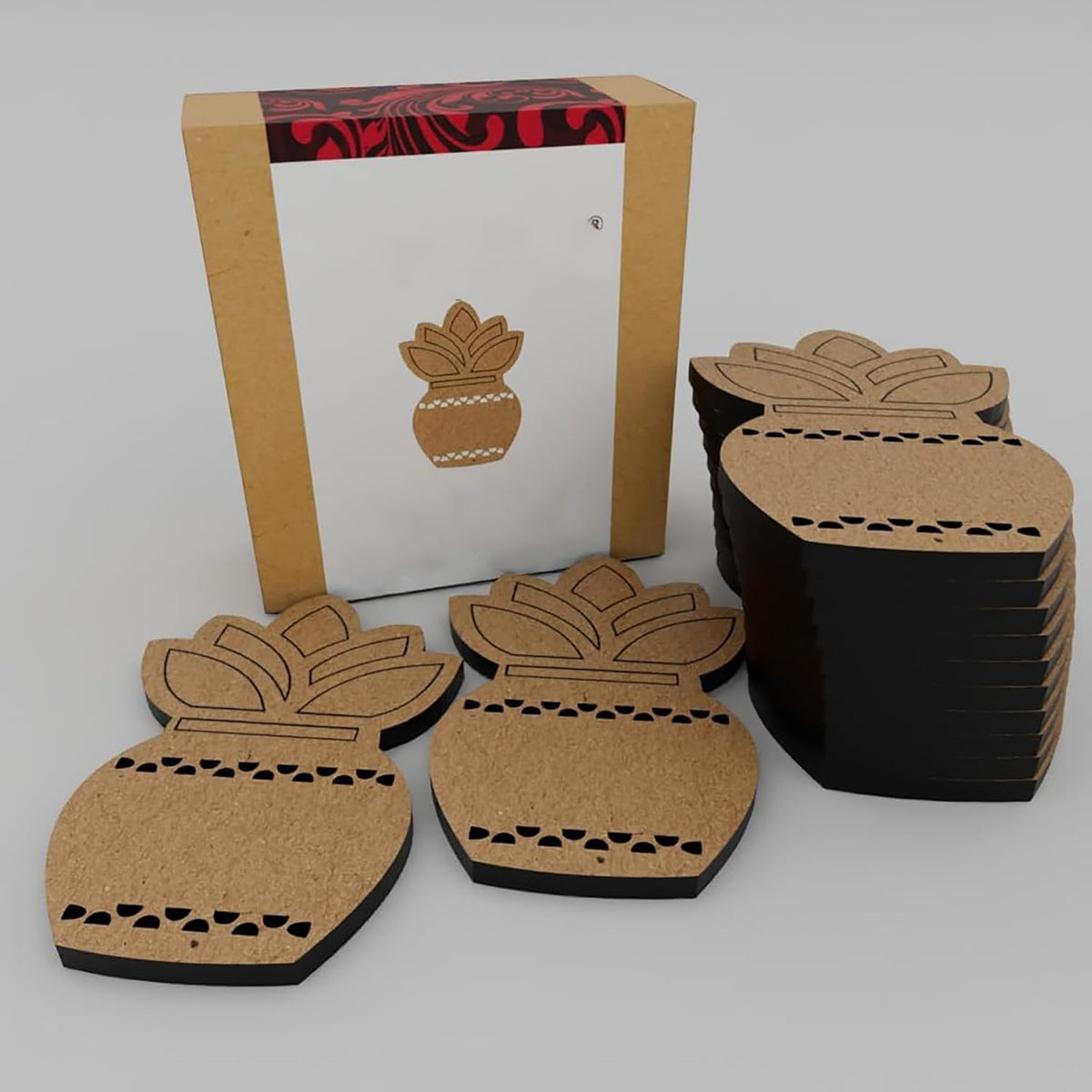Set of cardboard pineapple-shaped coasters with a decorative box on a white background