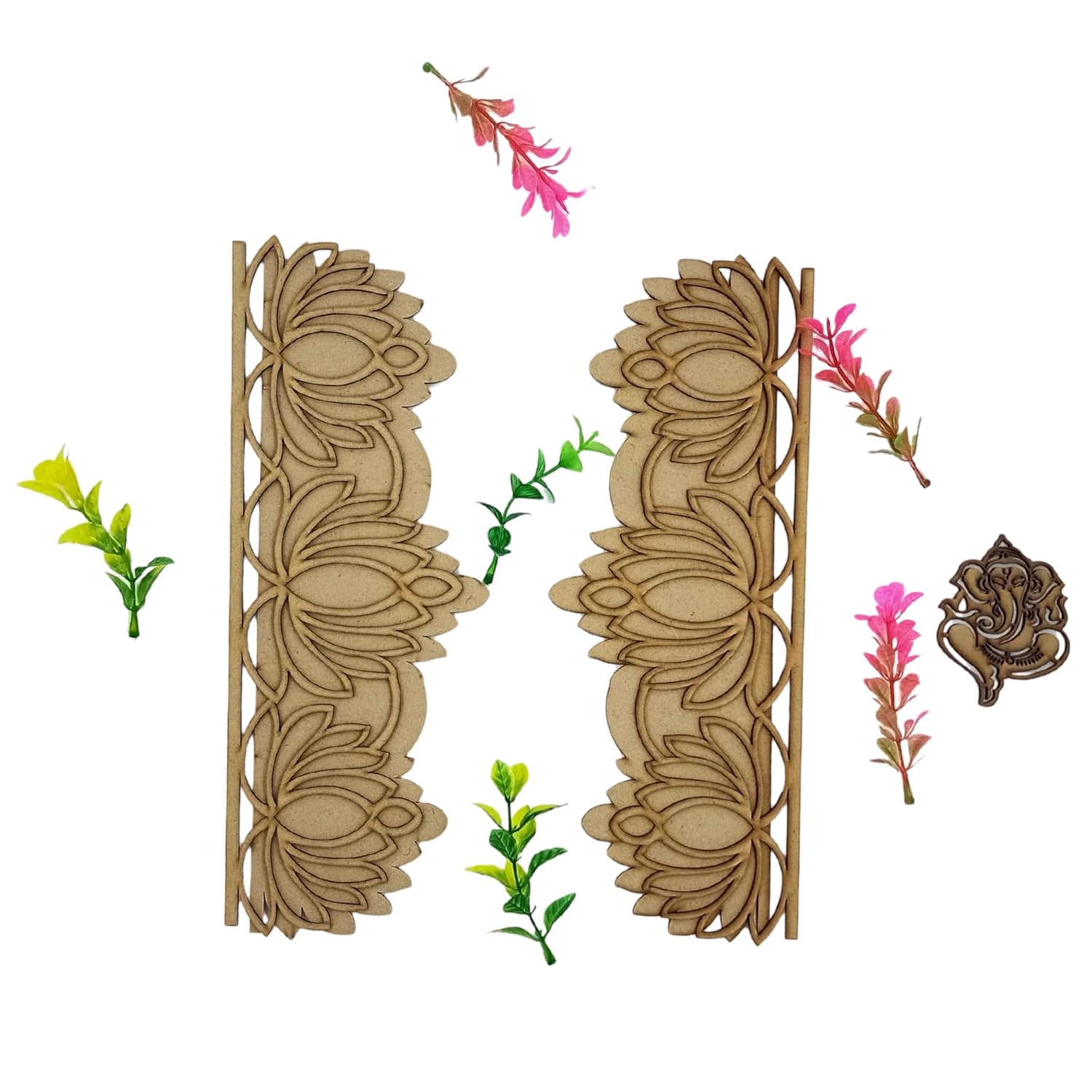 Decorative wooden panels with floral designs on a white background