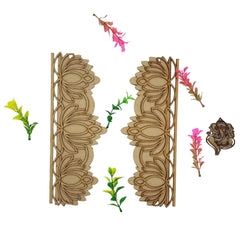 Decorative wooden panels with floral designs on a white background