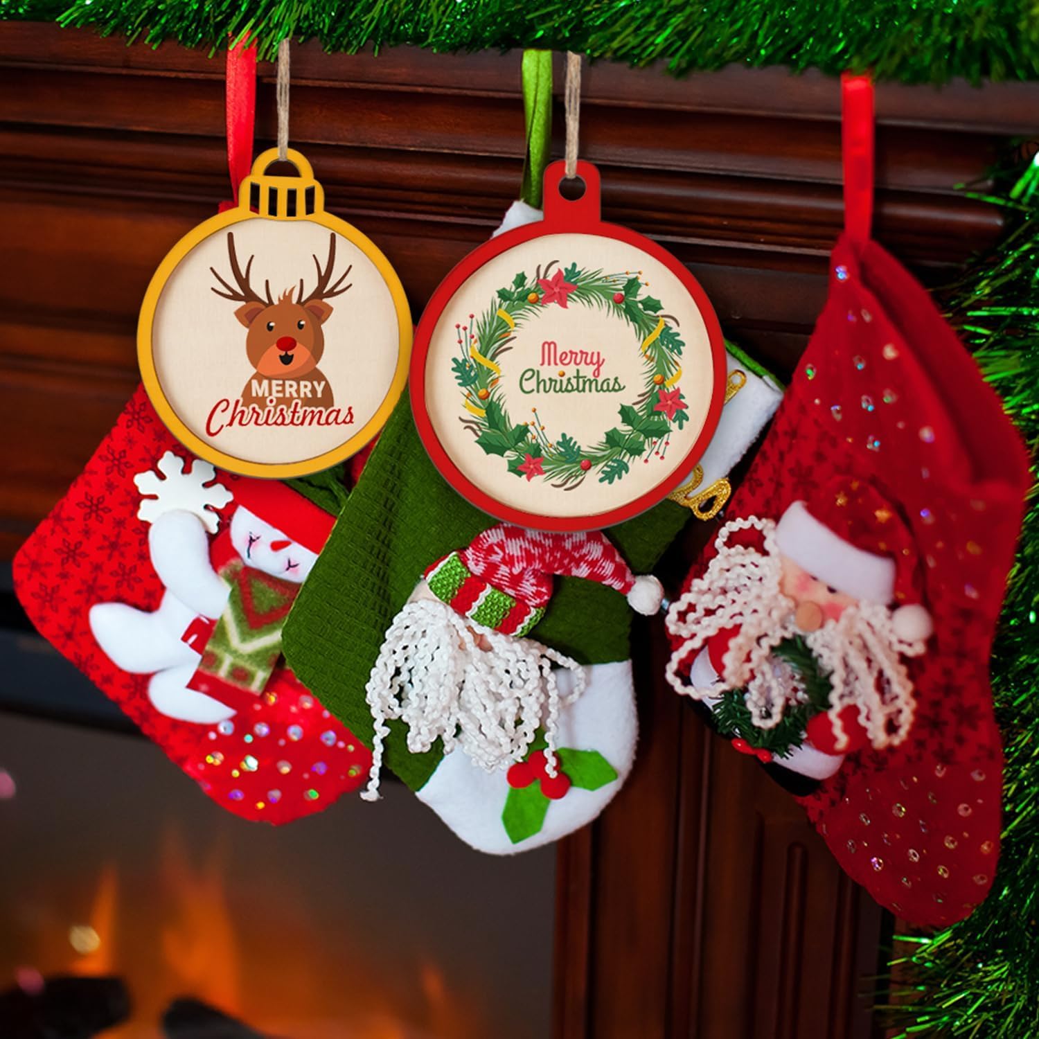 Christmas-themed decorations including stockings and ornaments hanging on a tree.