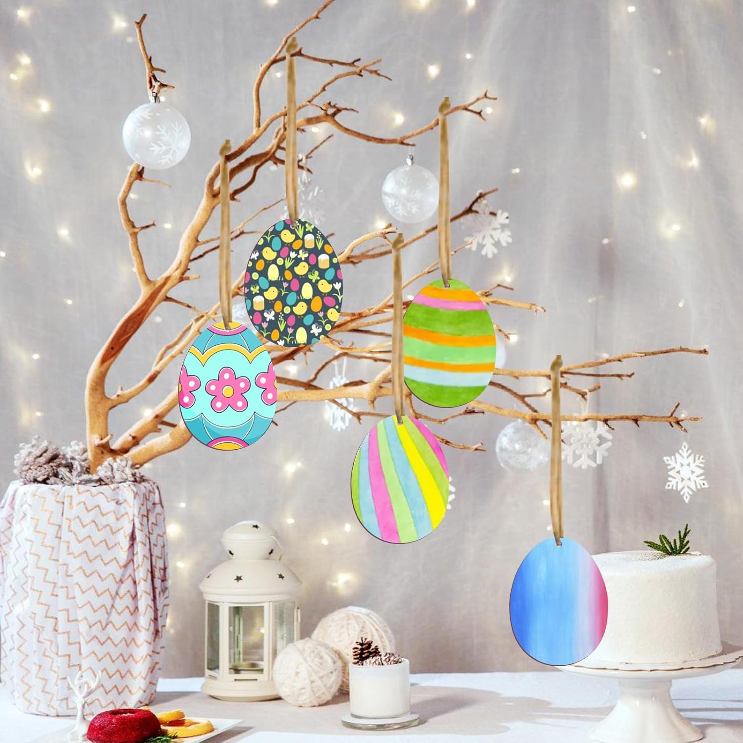 Decorative Easter eggs on a branch with a soft, blurred background