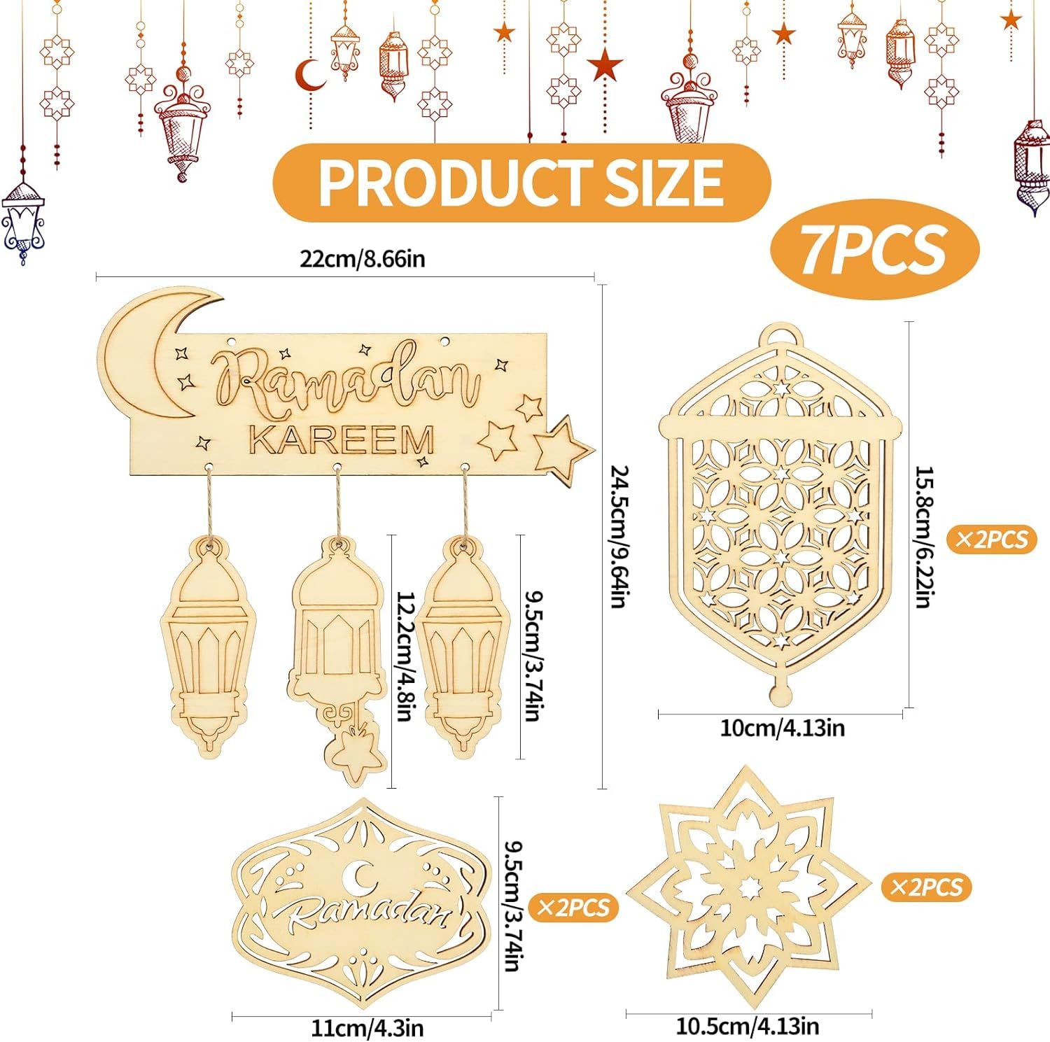 Wooden Ramadan decorations with measurements and product size details.