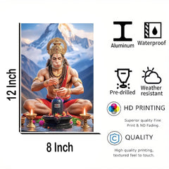 Poster of a deity with mountain background, featuring durability and quality attributes.