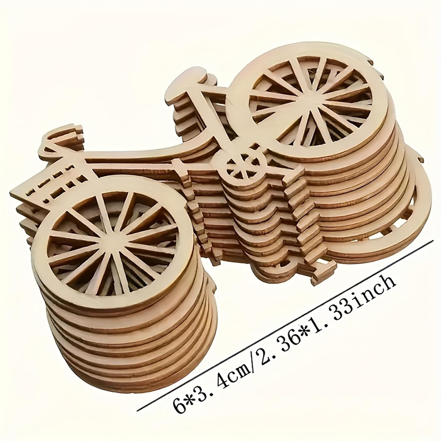 Stack of wooden bicycle models with dimensions displayed
