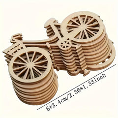 Stack of wooden bicycle models with dimensions displayed
