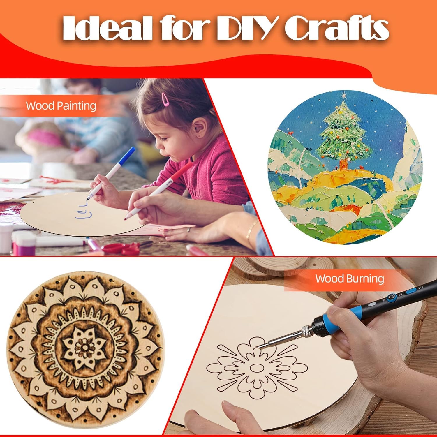 Collage of children painting and wood burning with text 'Ideal for DIY Crafts' and images of finished products.