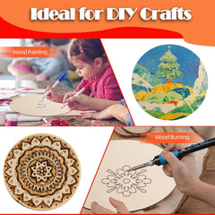 Collage of children painting and wood burning with text 'Ideal for DIY Crafts' and images of finished products.