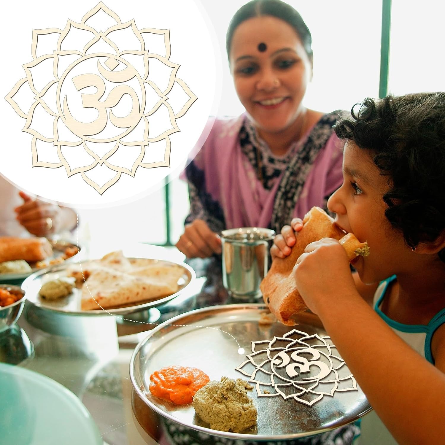Woman and child eating at a table with food and a decorative 'Om' symbol.