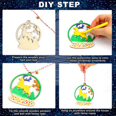 Step-by-step guide to making DIY Christmas ornaments with wooden slices, bell, and rope.