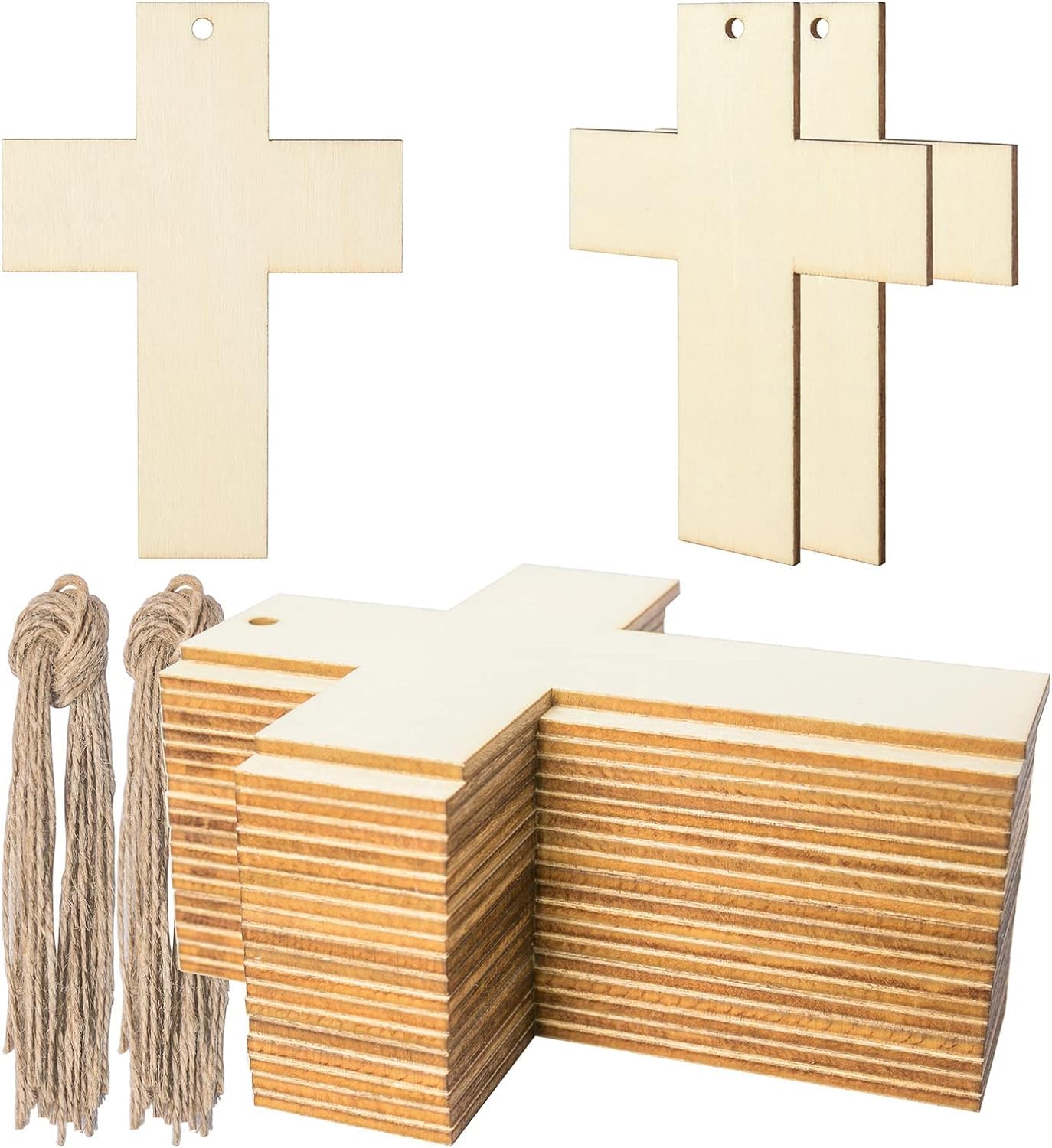 Wooden crosses with jute ropes on a white background