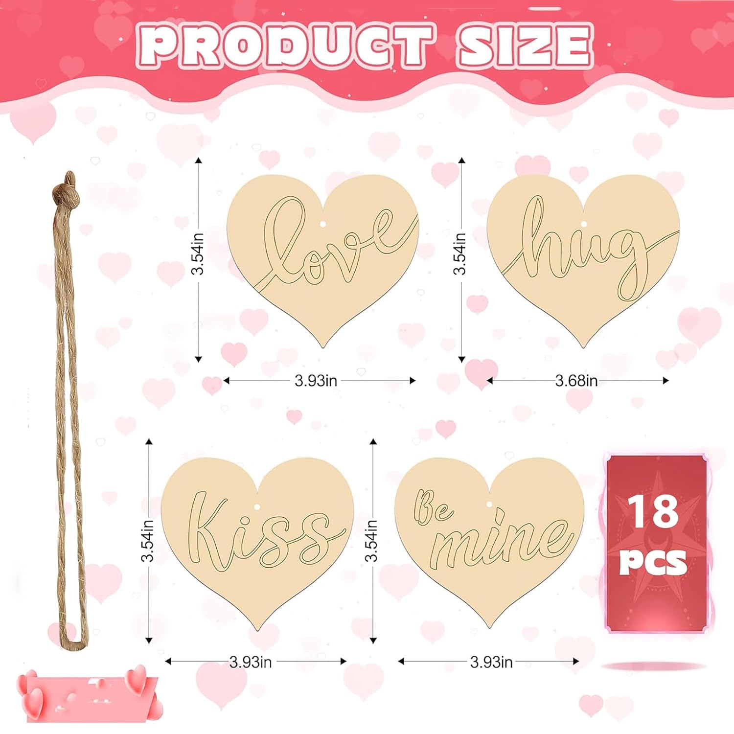 Heart-shaped wooden decorations with engraved words, measurements, and packaging on a pink background.