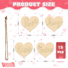 Heart-shaped wooden decorations with engraved words, measurements, and packaging on a pink background.
