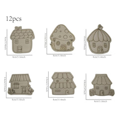 Set of 12 small house-shaped items with dimensions on a white background