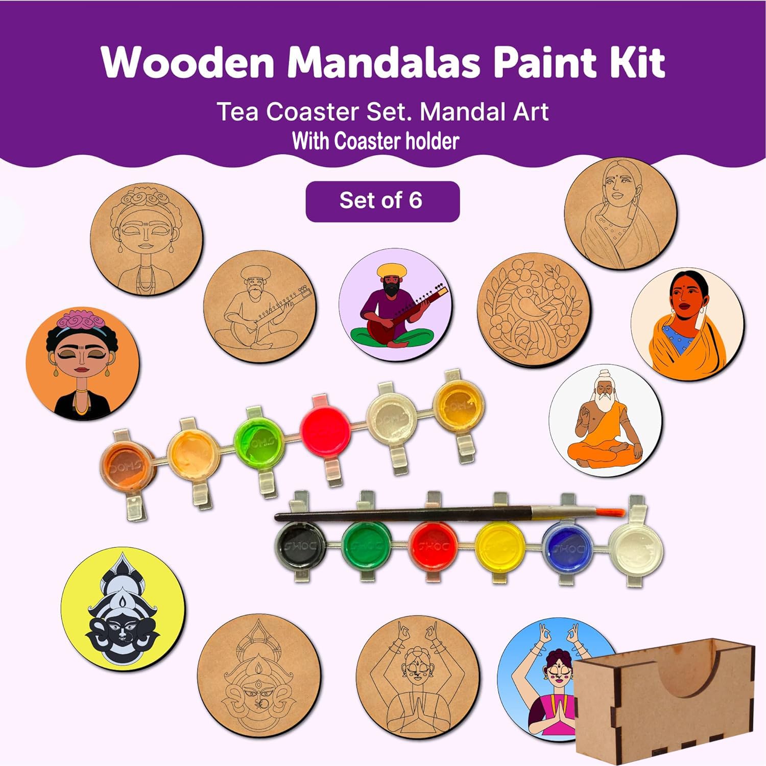 Wooden Mandalas Paint Kit with paint colors and tools on a white background