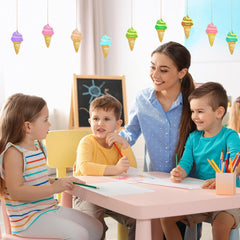 Teacher and students in a classroom setting with colorful ice cream decorations.