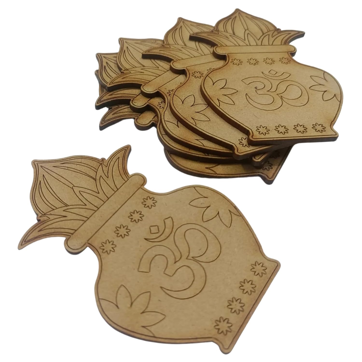 Set of wooden coasters with Om symbol design on a white background