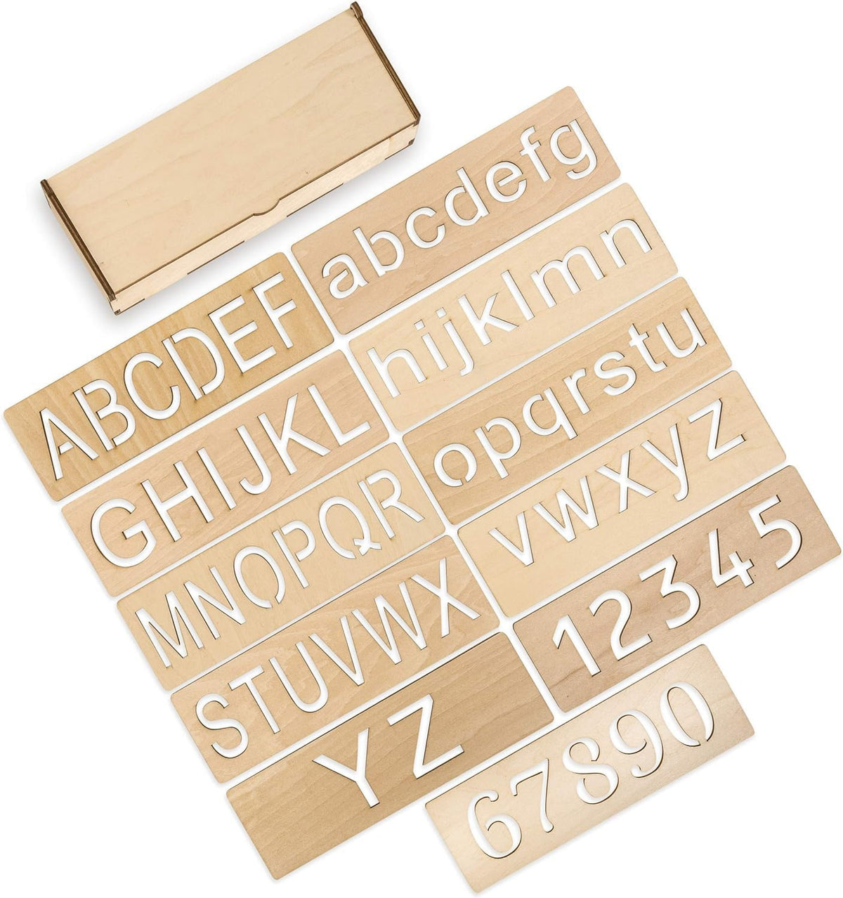 Set of wooden letter and number stamps on a white background