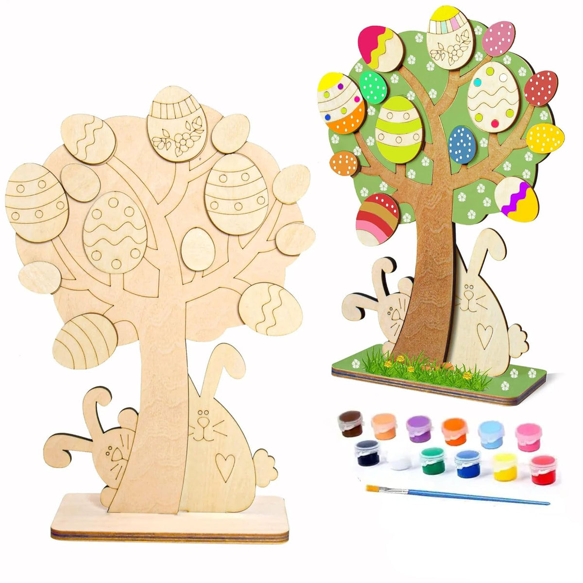 Cliths Easter Wooden Cutout Kit Bunny & Egg Decorations Paintable MDF Craft Set for Easter Tree Party & Home Decor