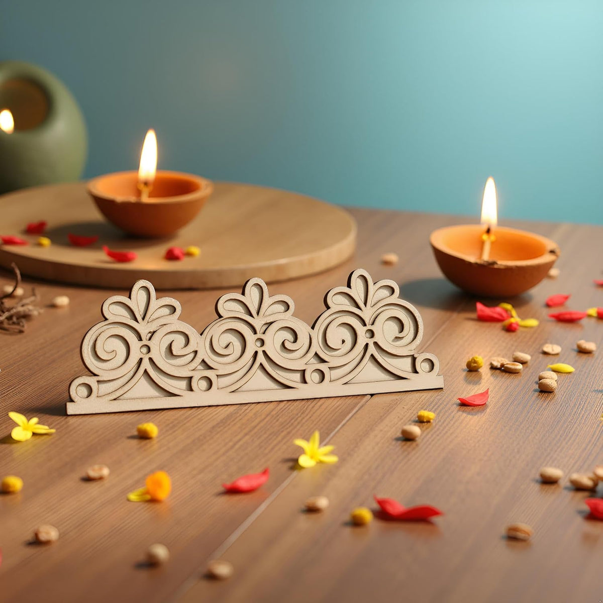 Decorative wooden stand with two lit oil lamps on a wooden surface.