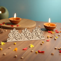 Decorative wooden stand with two lit oil lamps on a wooden surface.