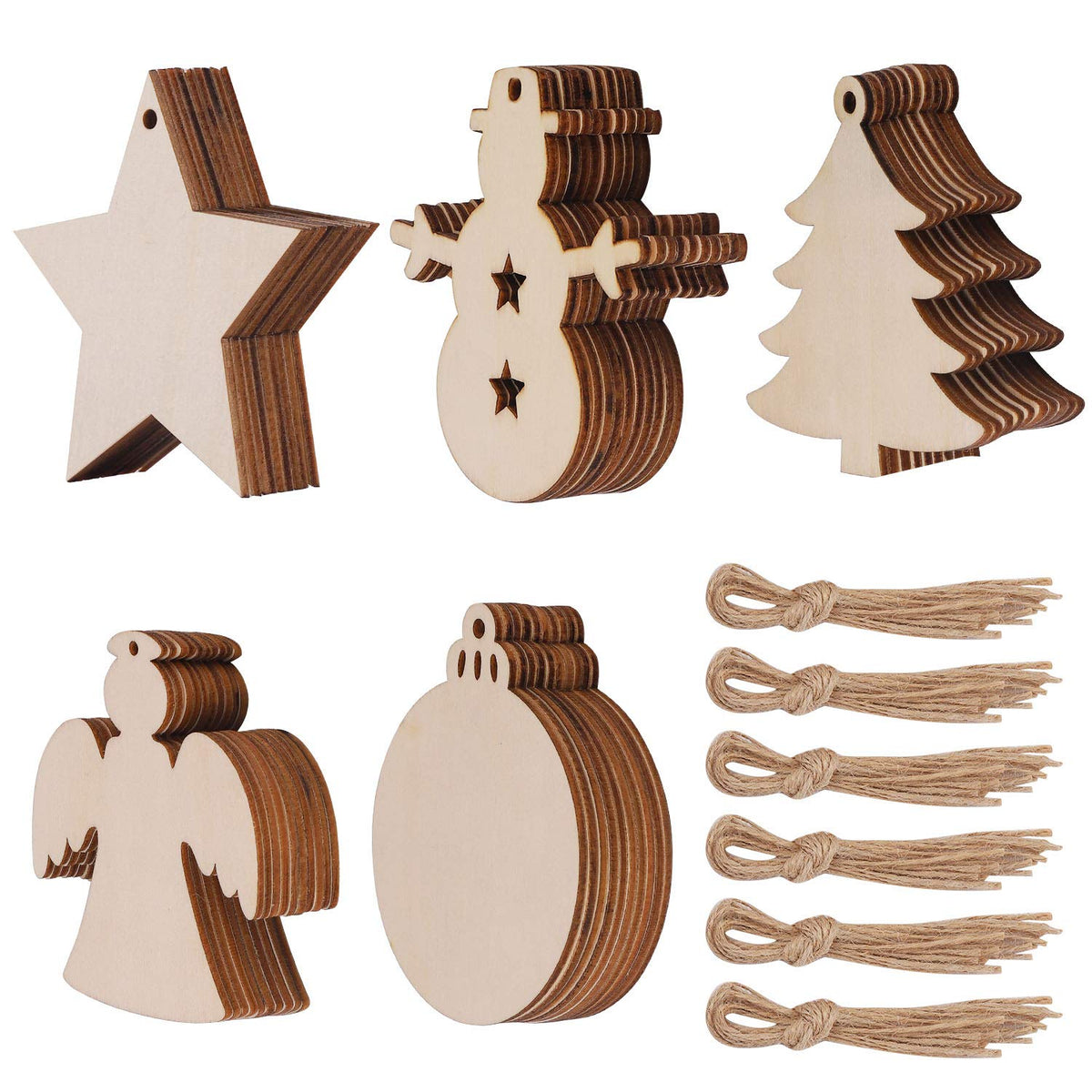 Set of wooden Christmas ornaments with brown accents on a white background